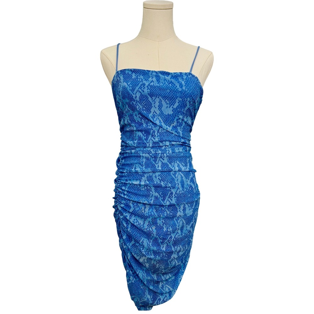 Finesse Blue Snakeskin Ruched Mesh Bodycon Mini Dress Size M Adjustable NWOT